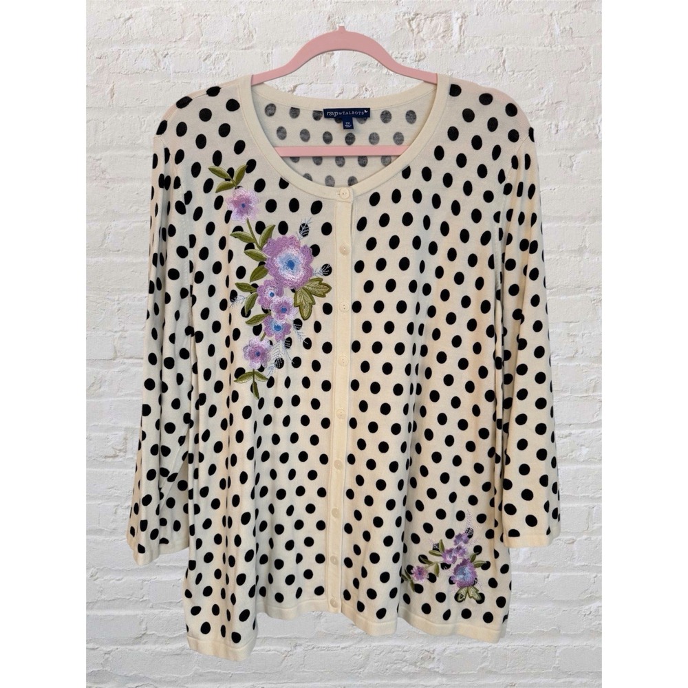 RSVP Talbots Cardigan Sweater Embroidered Plus Sz 2X Polka Dot Floral Preppy